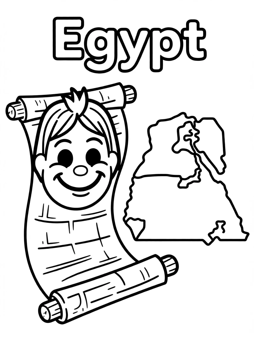 A happy papyrus scroll, a simple outline map of Egypt, and the word "Egypt"