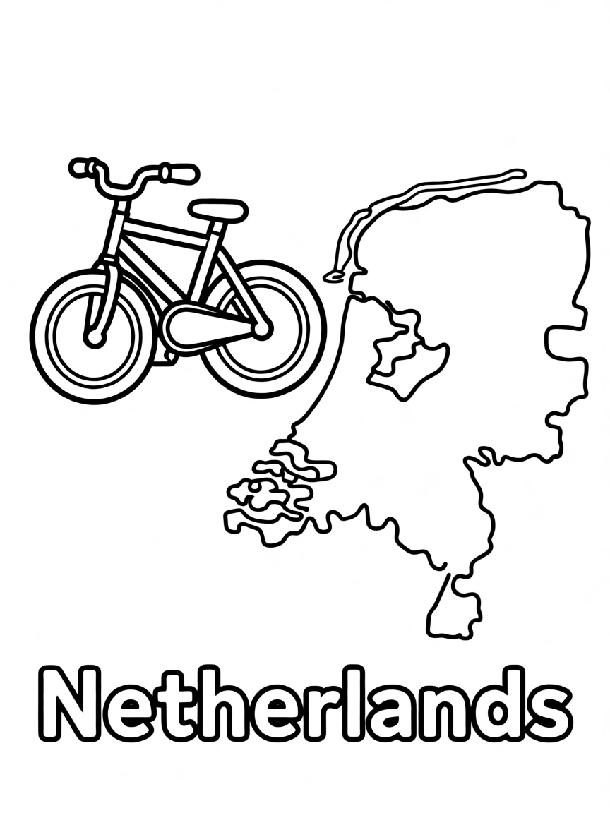 A small bicycle, a simple outline map of Netherlands, and the word "Netherlands"