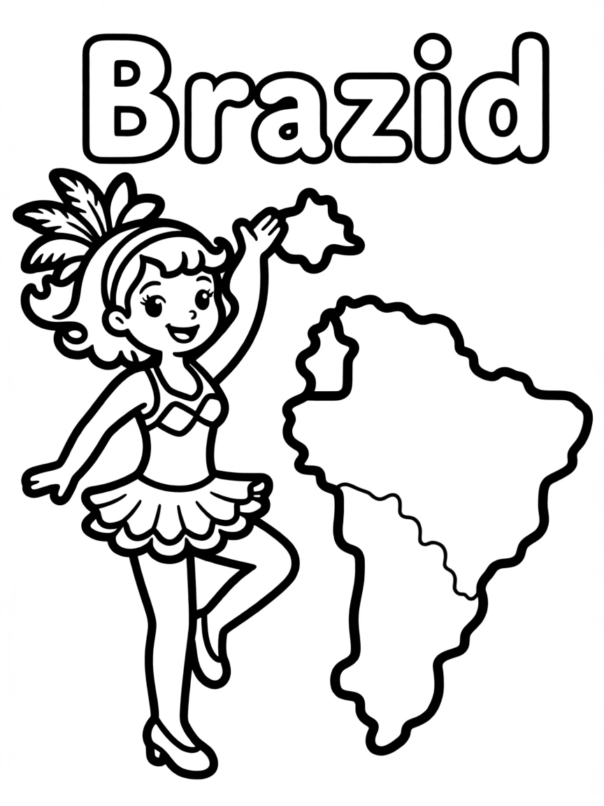 A cute samba dancer, a simple outline map of Brazil, and the word "Brazil"