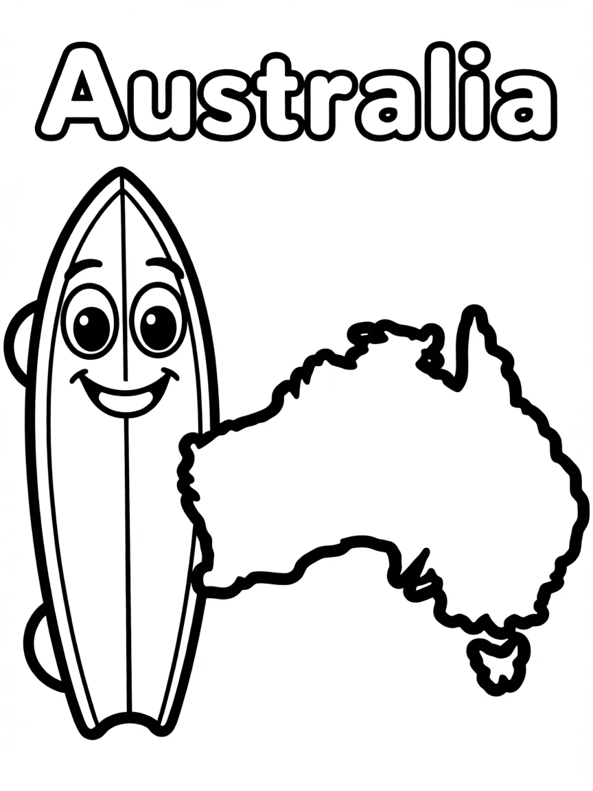 A happy surf board, a simple outline map of Australia, and the word "Australia"