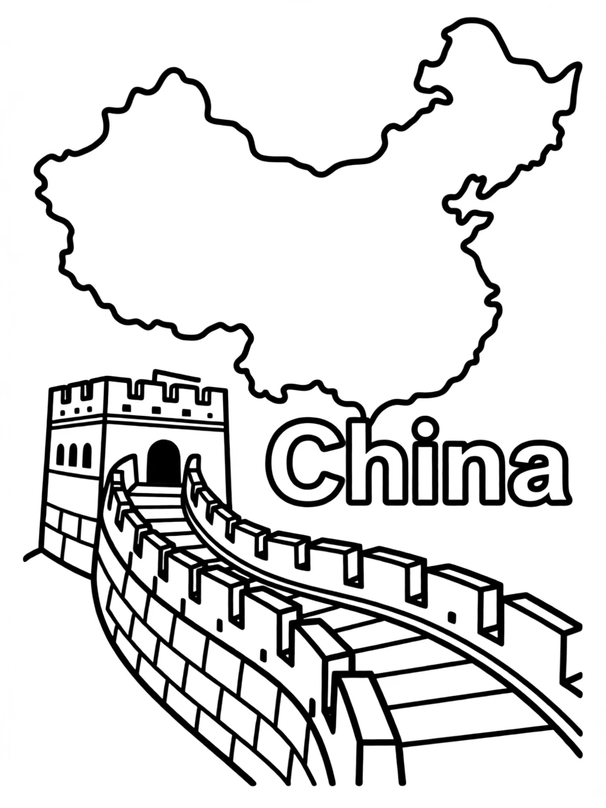 A small Great Wall, a simple outline map of China, and the word "China"