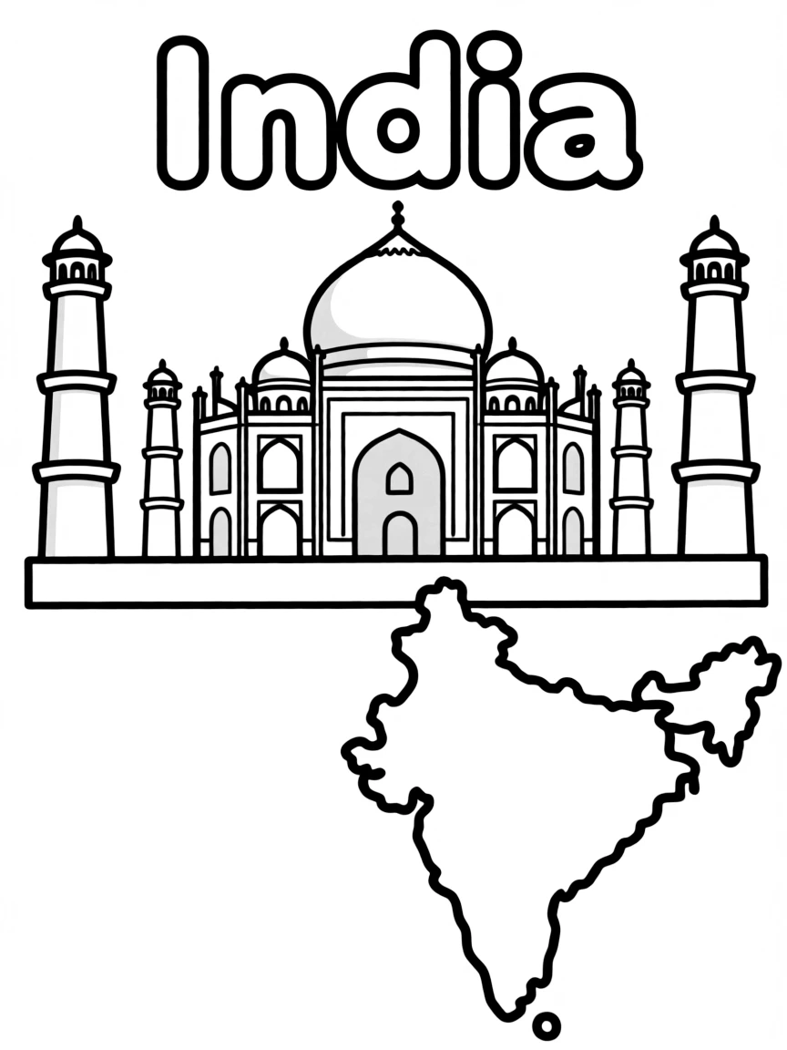 A friendly Taj Mahal, a simple outline map of India, and the word "India"