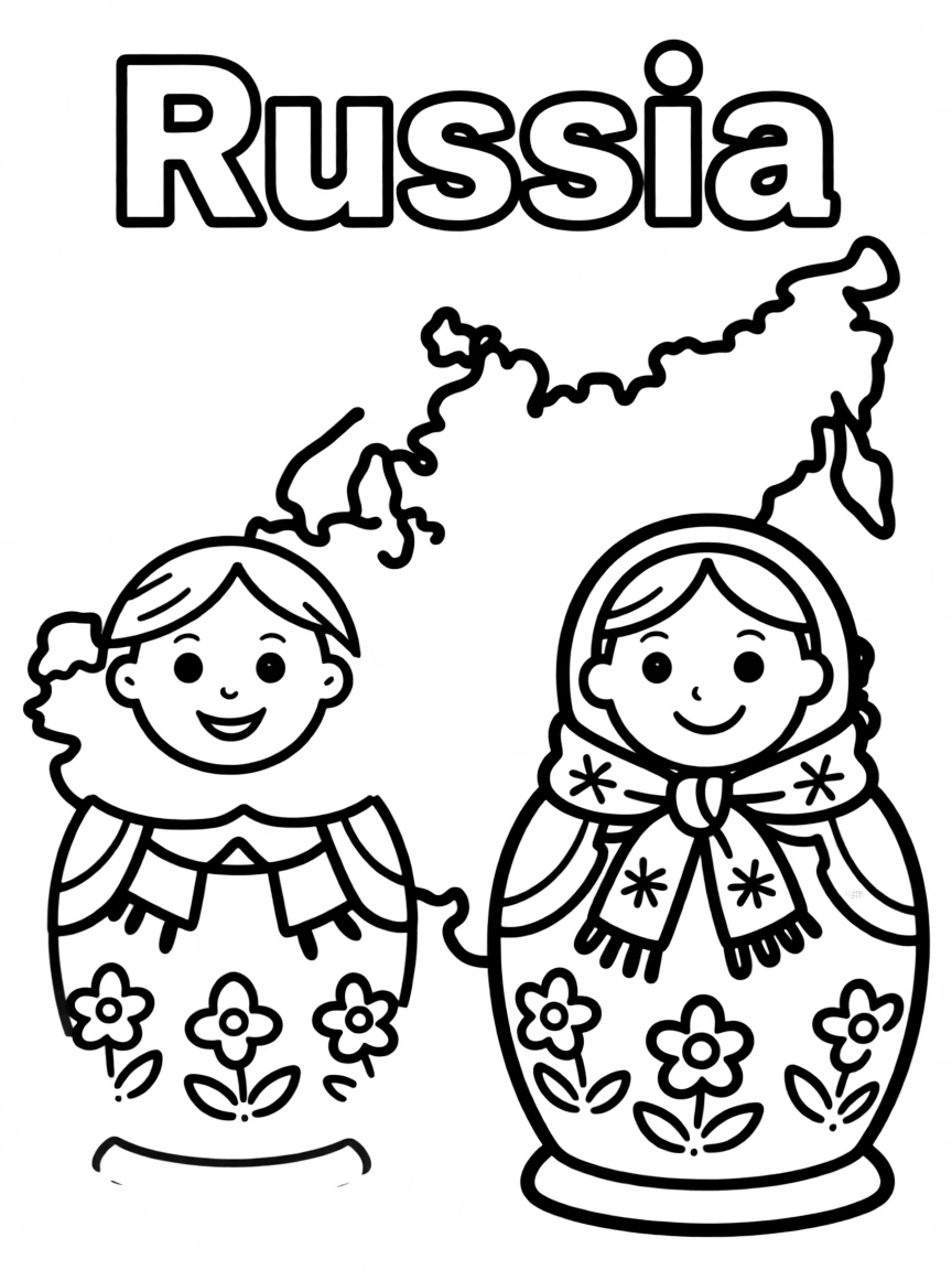 A happy nesting doll, a simple outline map of Russia, and the word "Russia"