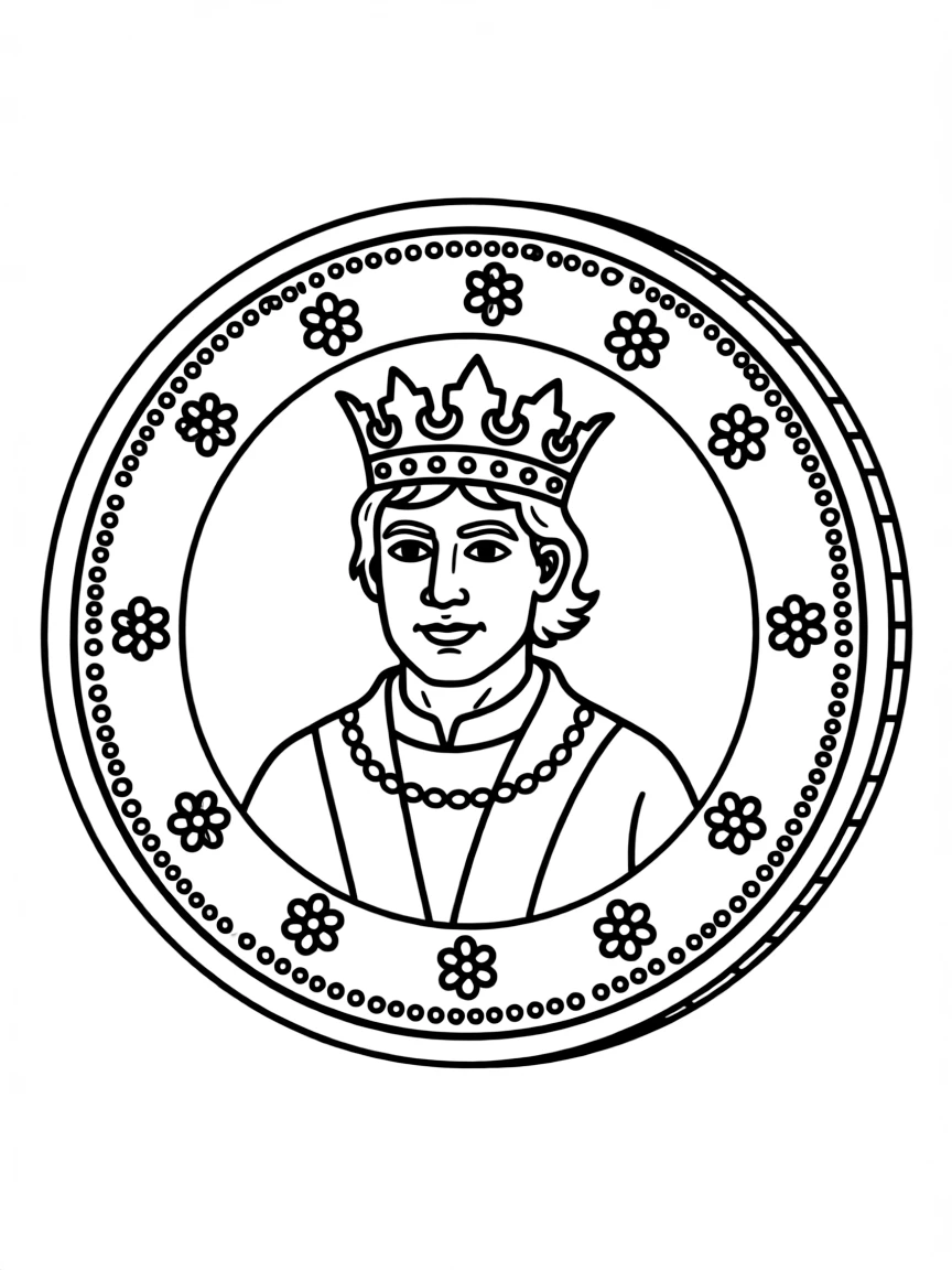 A medieval coin with a king