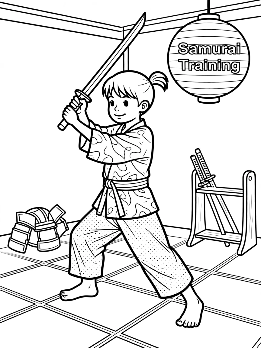 A samurai child practicing