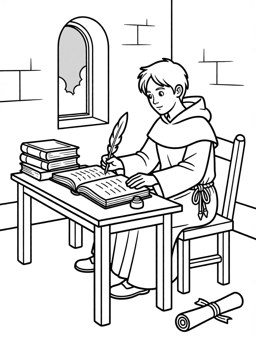 A medieval monk copying books