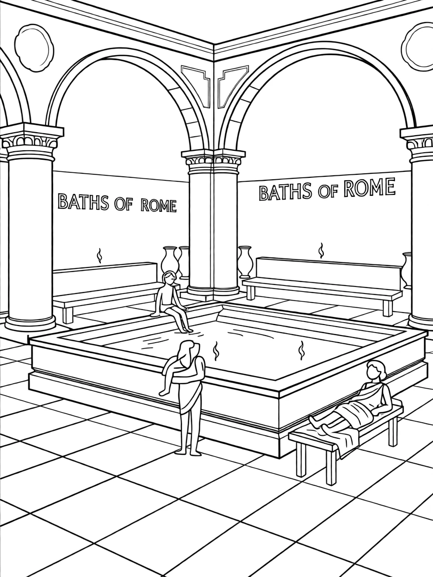 A Roman bath with people