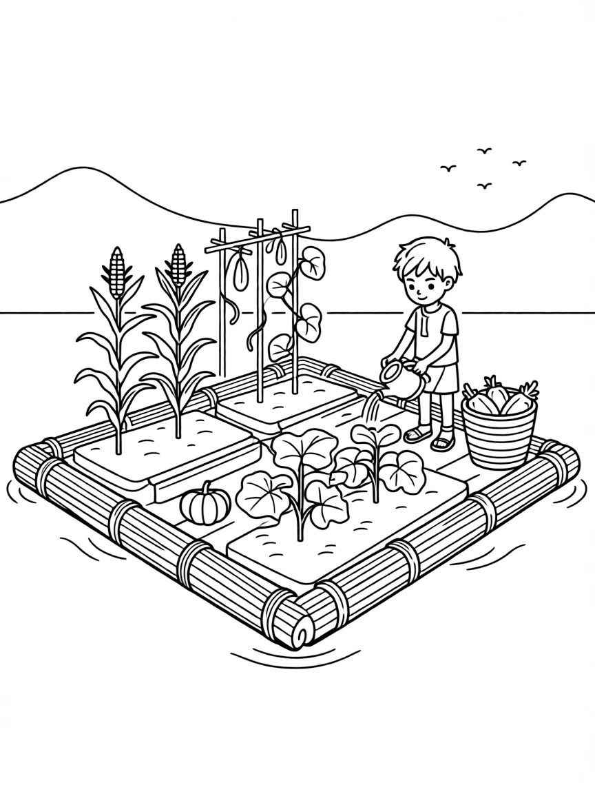 An Aztec floating garden with crops