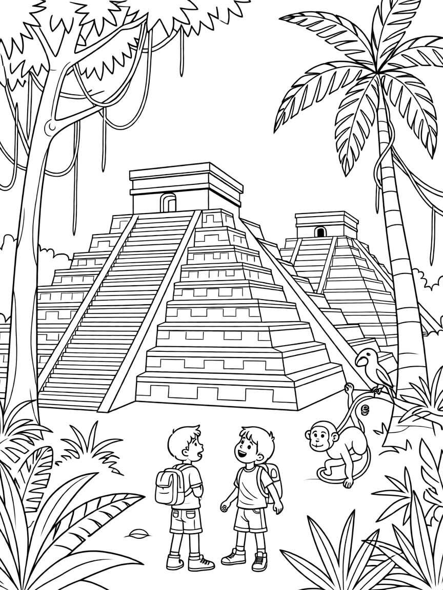 A Mayan jungle with pyramids peeking out