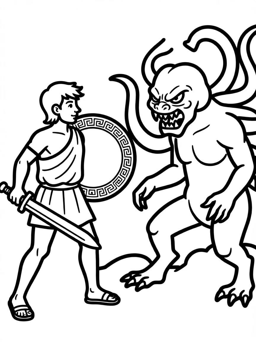A Greek hero fighting a monster