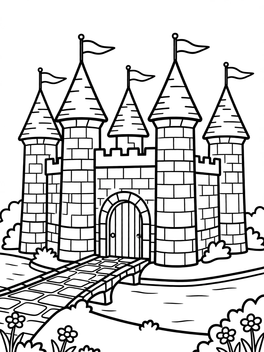 A medieval castle with flags