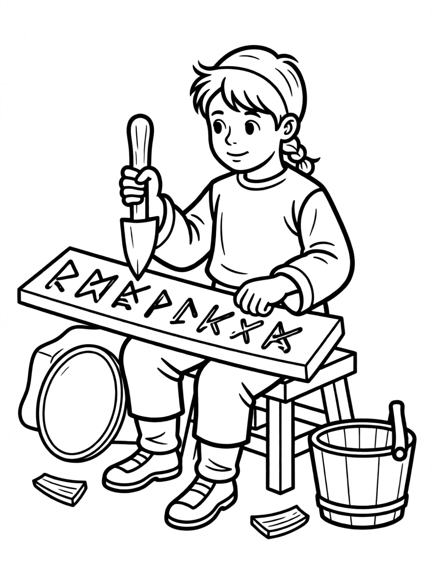 A Viking artisan carving runes