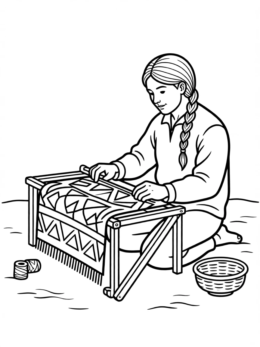 A Native American weaving a blanket