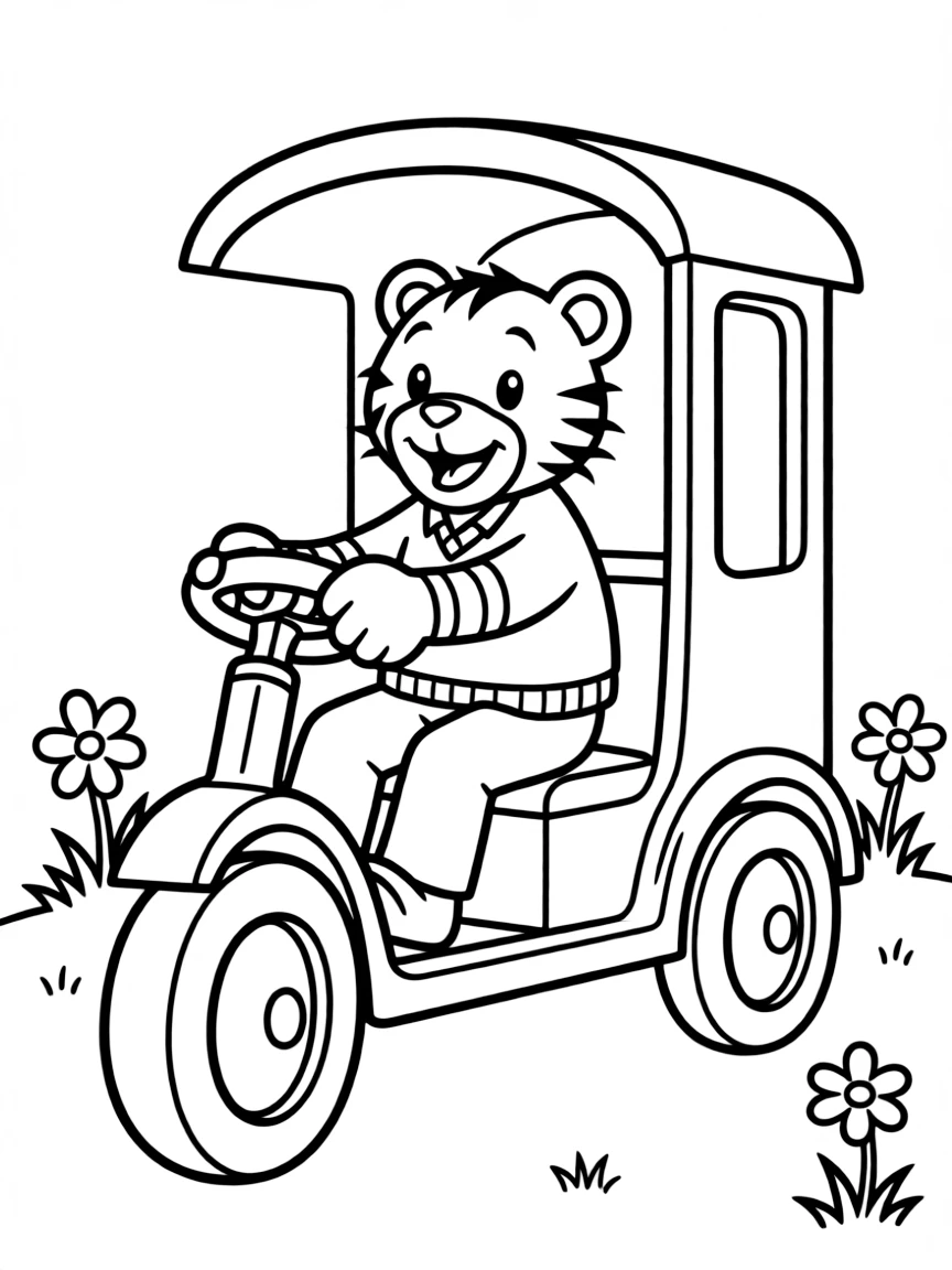 Daniel Tiger riding his trolley.