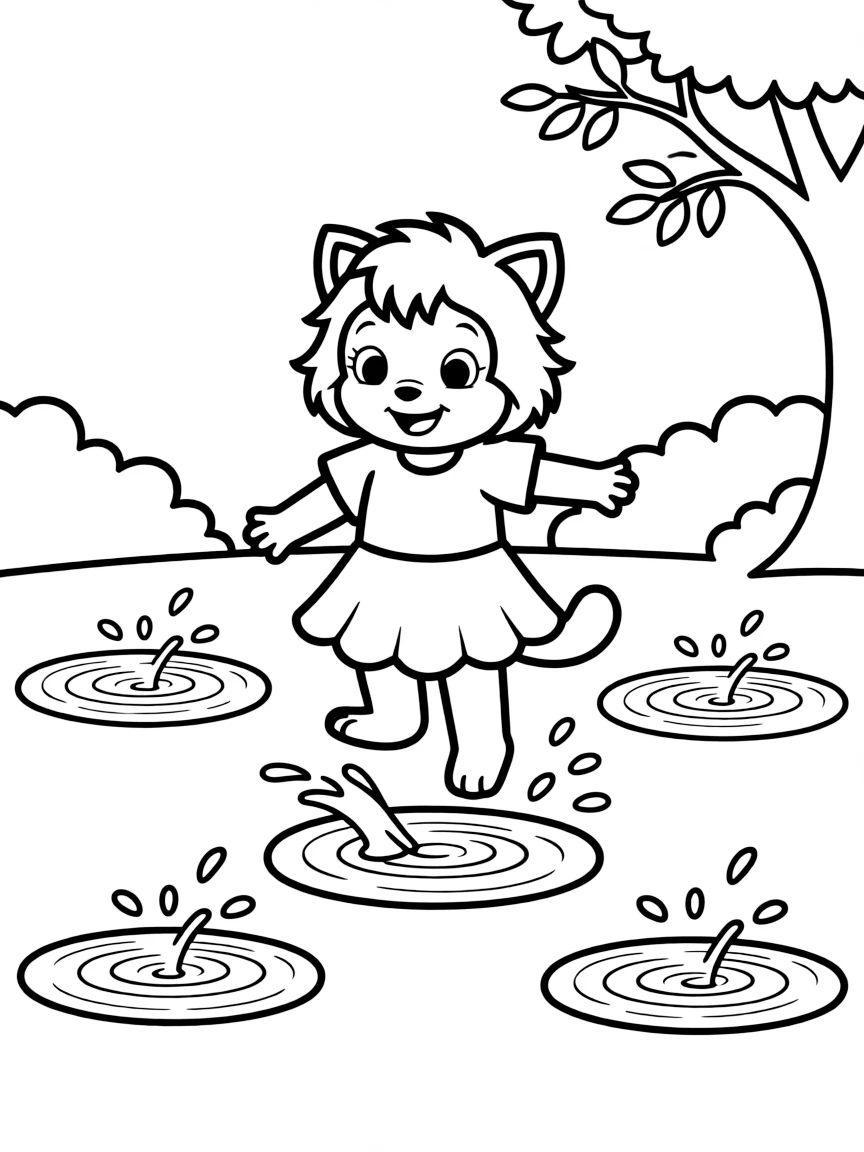 (Daniel Tiger TV show) Katerina Kittycat jumping in puddles.