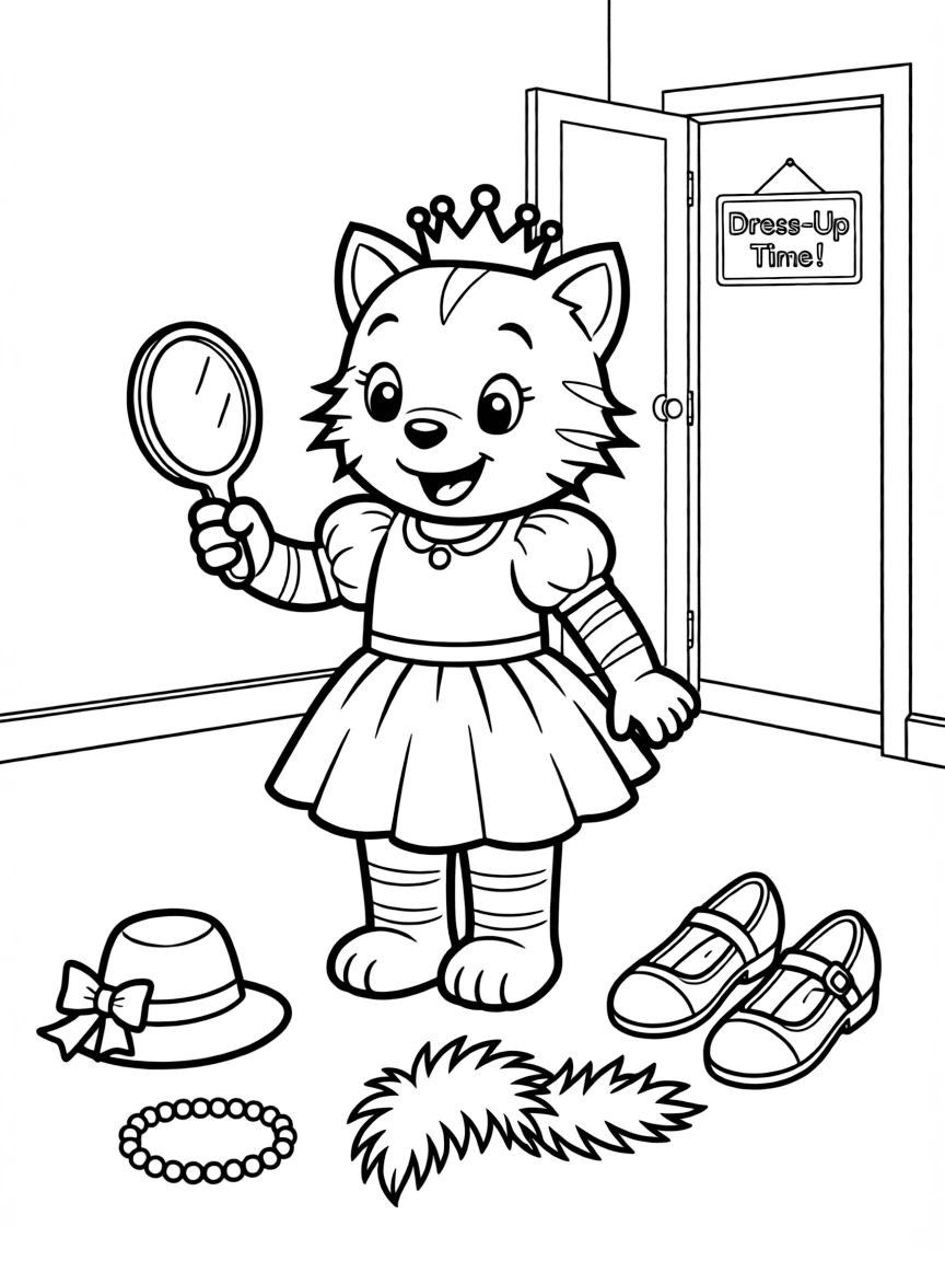 (Daniel Tiger TV show) Katerina Kittycat playing dress-up.
