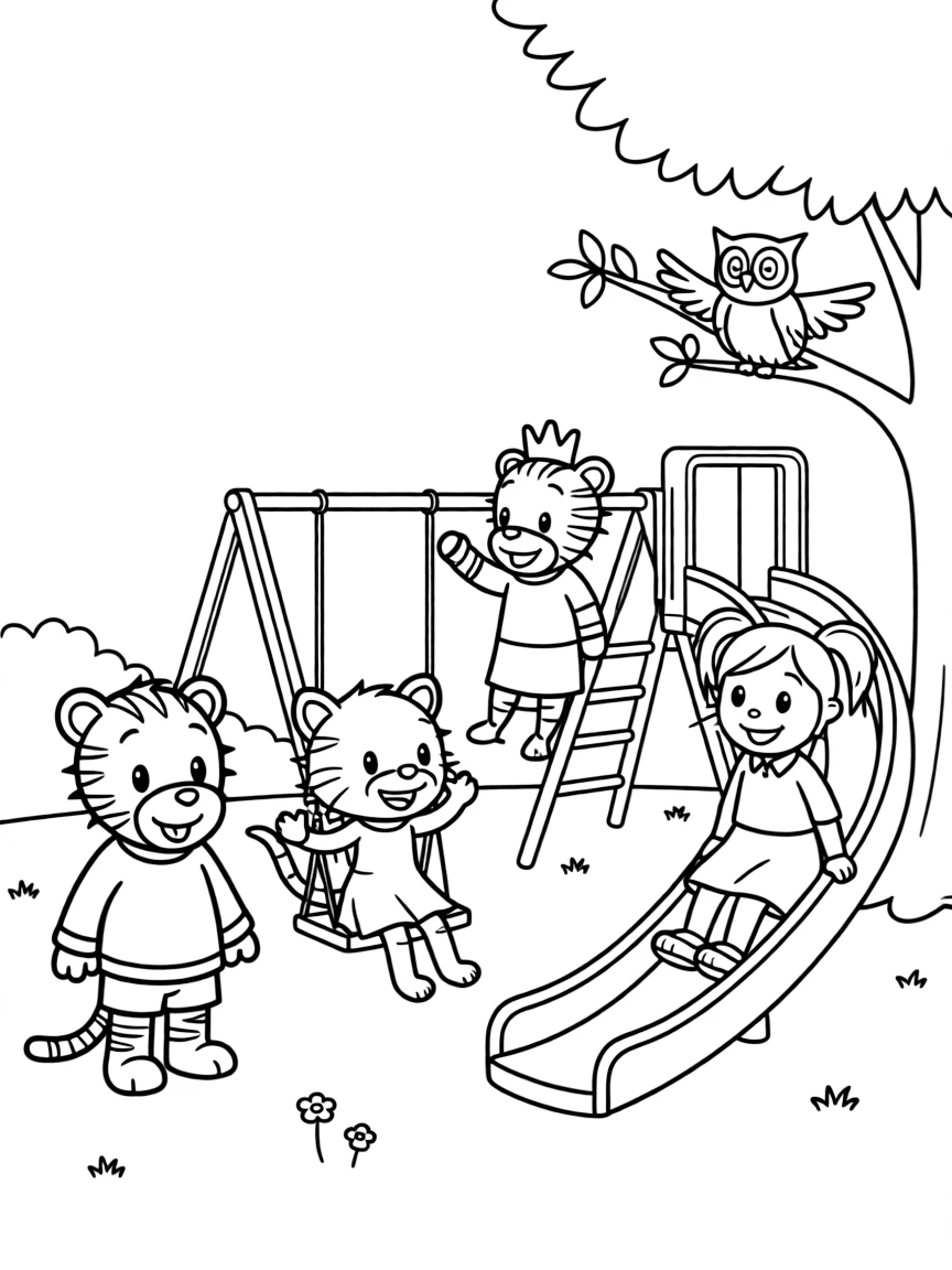 (Daniel Tiger TV show) All the friends, Daniel Tiger, Katerina Kittycat, Prince Wednesday, O the Owl, and Miss Elaina, at the playground.