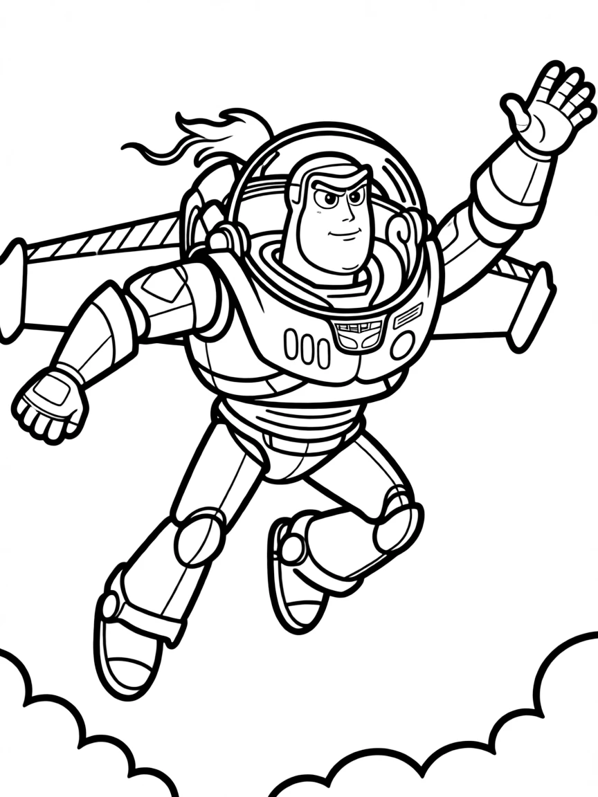 (Toy Story characters) Buzz Lightyear flying through the air.