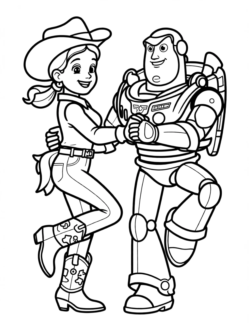 (Toy Story characters) Jessie and Buzz Lightyear dancing.