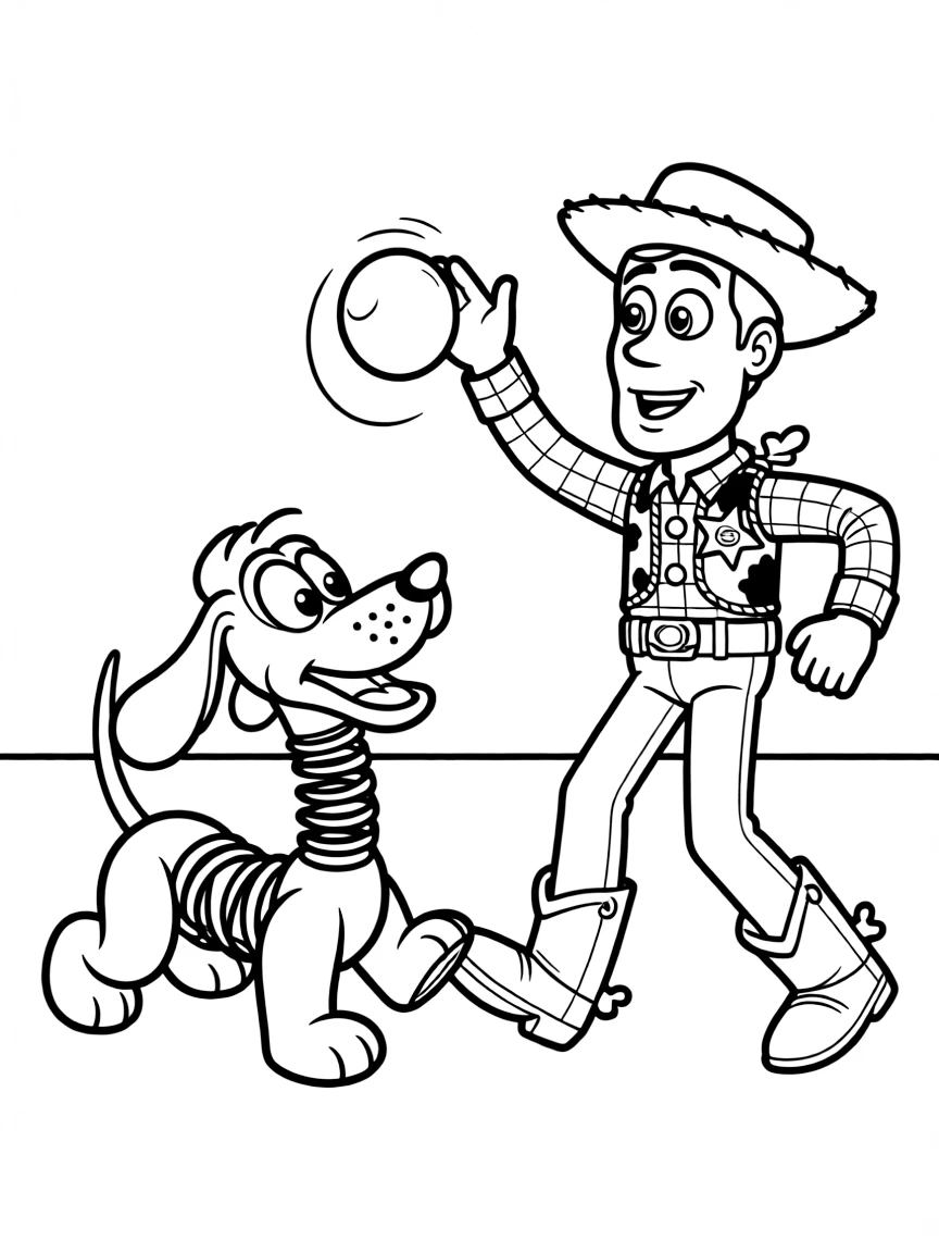 (Toy Story characters) Slinky Dog playing fetch with Woody.