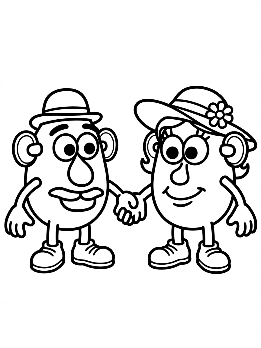 (Toy Story characters) Mr. Potato Head and Mrs. Potato Head holding hands.
