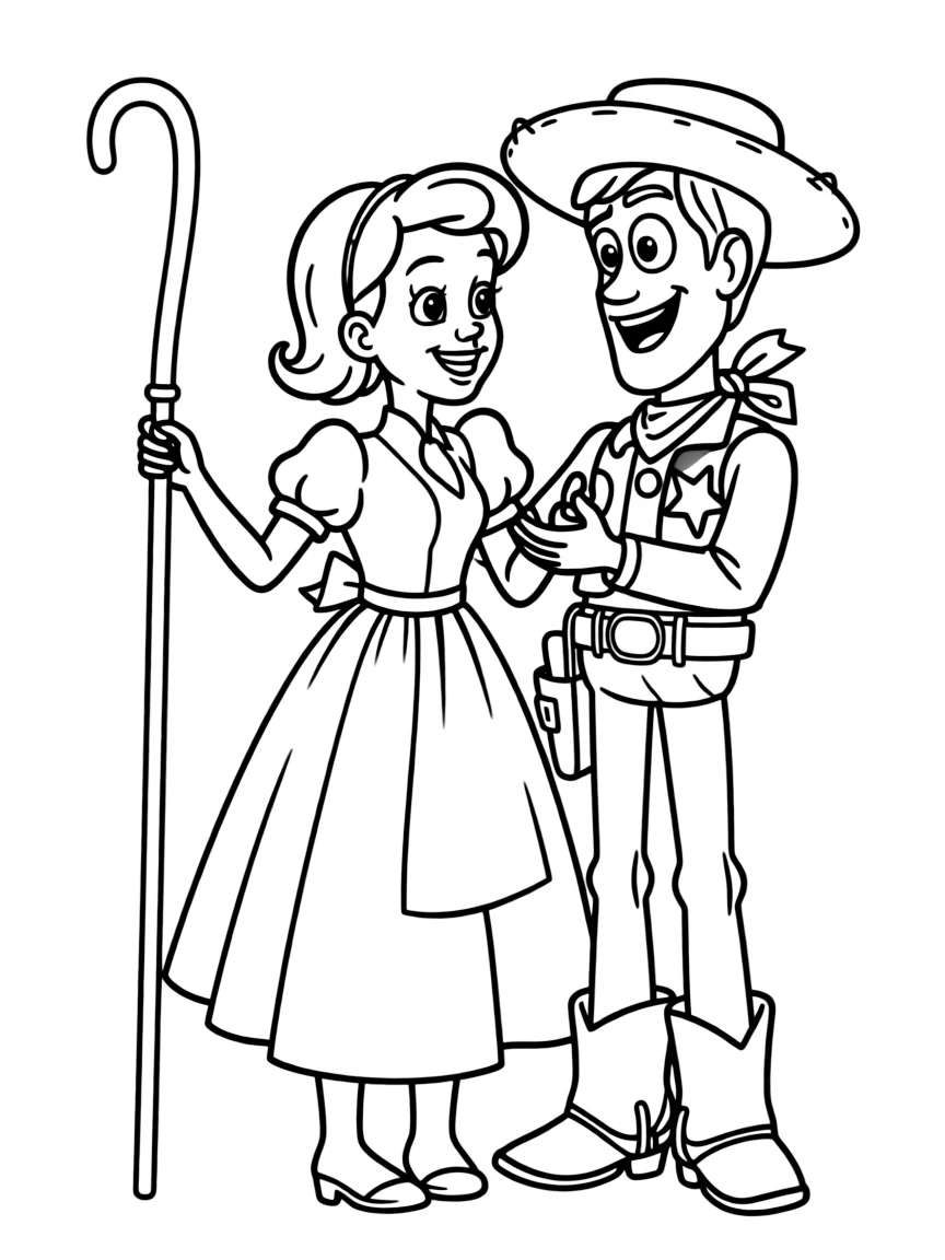 (Toy Story characters) Bo Peep and Woody sharing a smile.