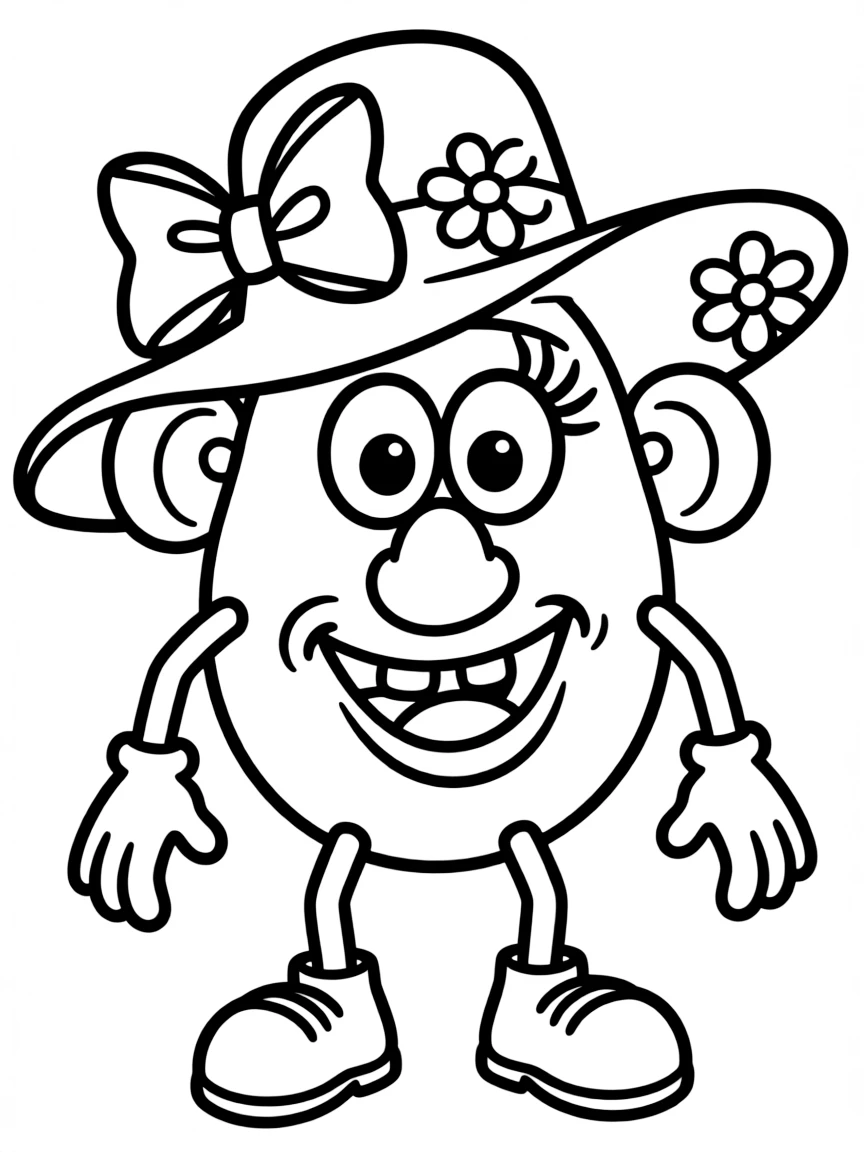 (Toy Story characters) Mrs. Potato Head wearing a fancy hat.
