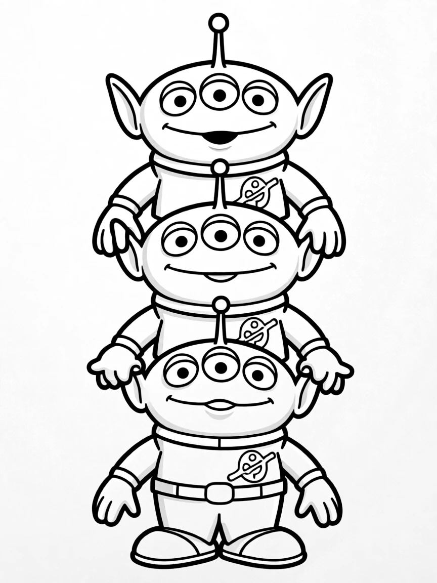 (Toy Story characters) Three Aliens stacked on top of each other.