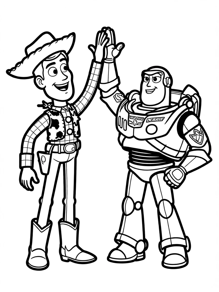 (Toy Story characters) Woody and Buzz Lightyear high-fiving.