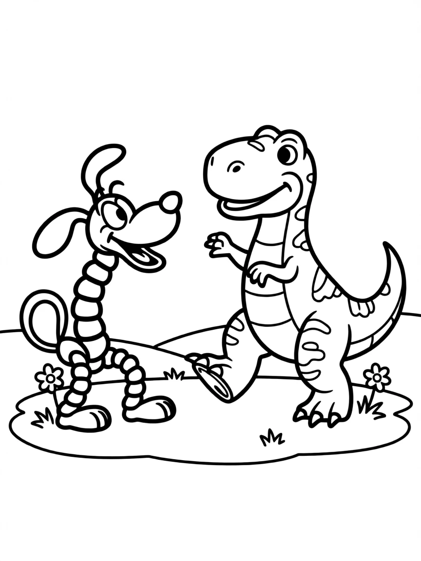 (Toy Story characters) Slinky Dog and Rex playing tag.