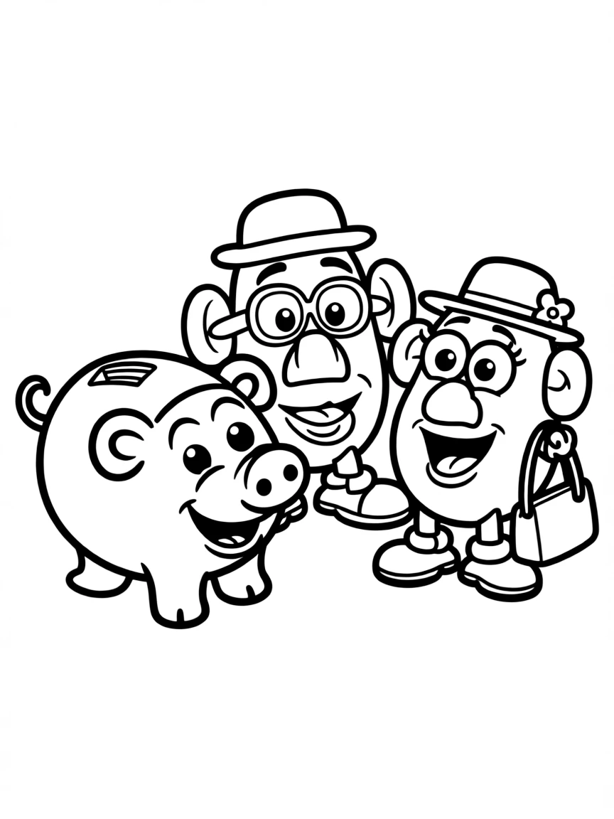 (Toy Story characters) Hamm, Mr. Potato Head, and Mrs. Potato Head laughing.
