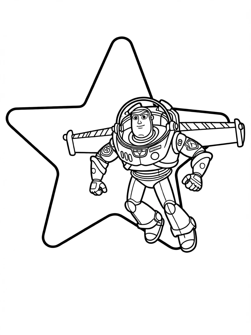 (Toy Story characters) Buzz Lightyear flying past a star.
