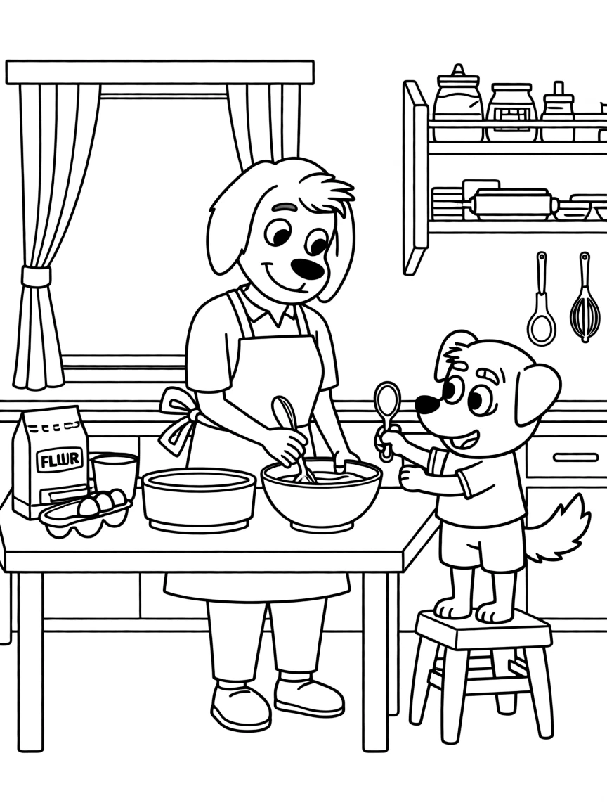 (Bluey TV show) Chilli baking a cake with Bluey.