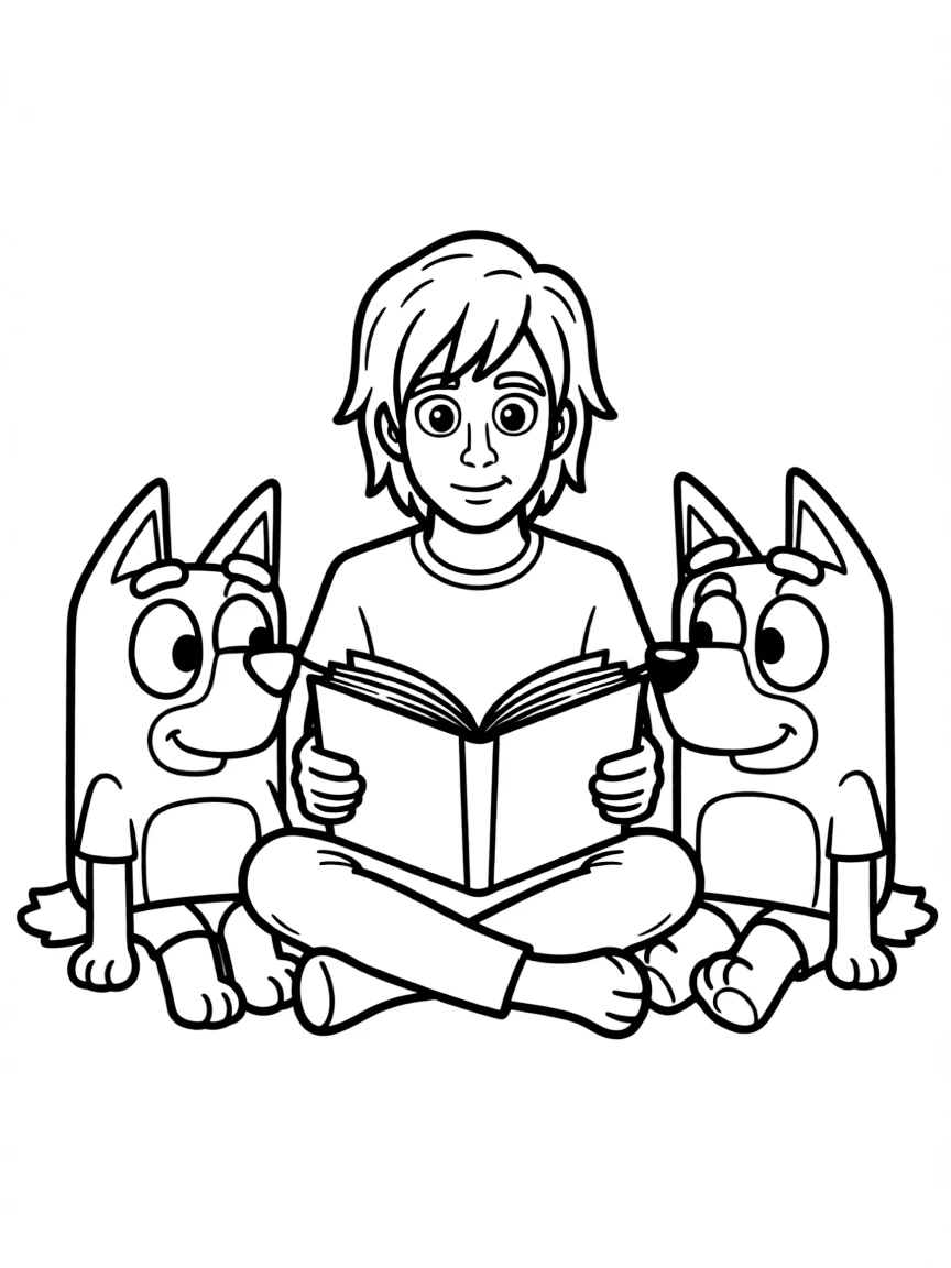 (Bluey TV show) Bandit reading a book to Bluey and Bingo.