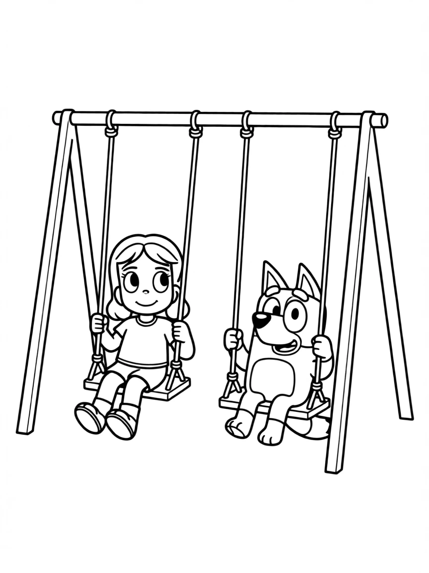 (Bluey TV show) Mackenzie and Bluey on the swings.