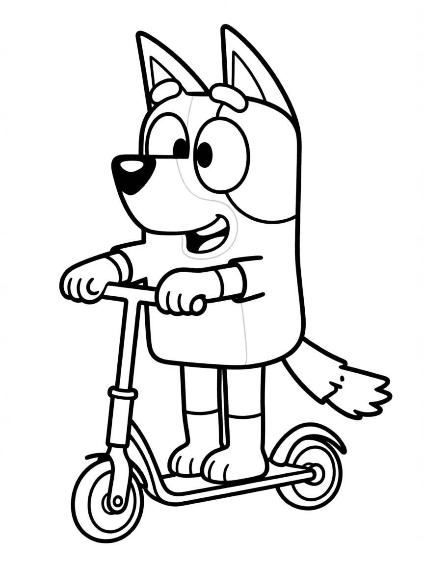 (Bluey TV show) Bluey riding a scooter.