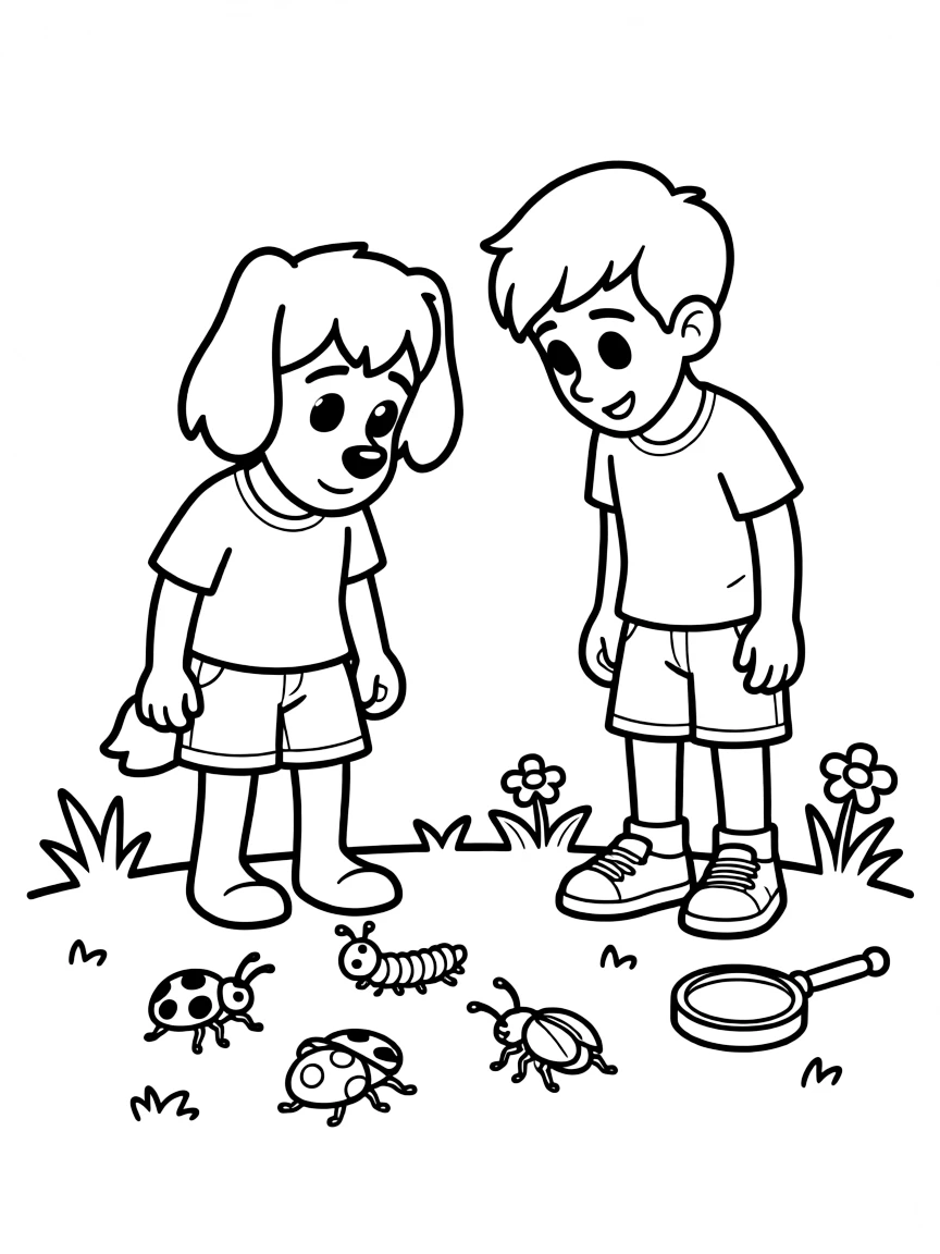 (Bluey TV show) Bluey and Jean-Luc looking at bugs.