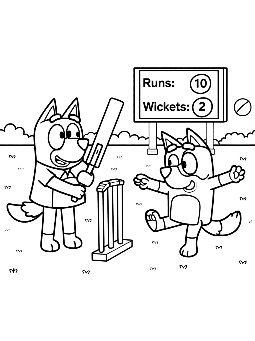 (Bluey TV show) Lucky and Bluey playing cricket.