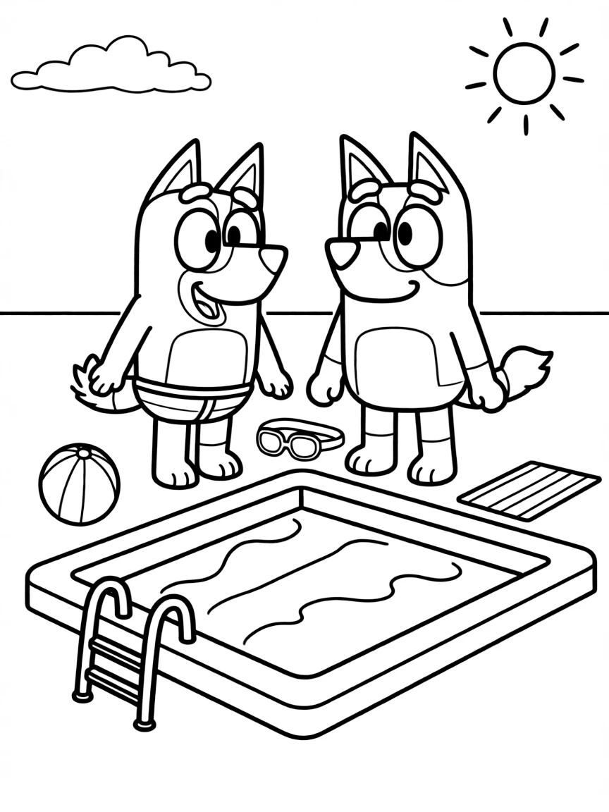 (Bluey TV show) Snickers and Bluey at the pool.