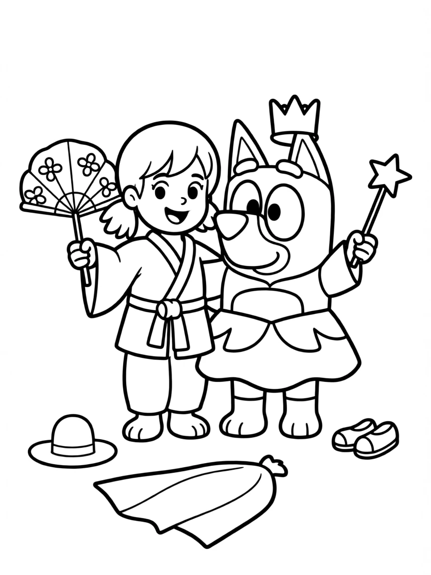 (Bluey TV show) Judo and Bluey playing dress-up.