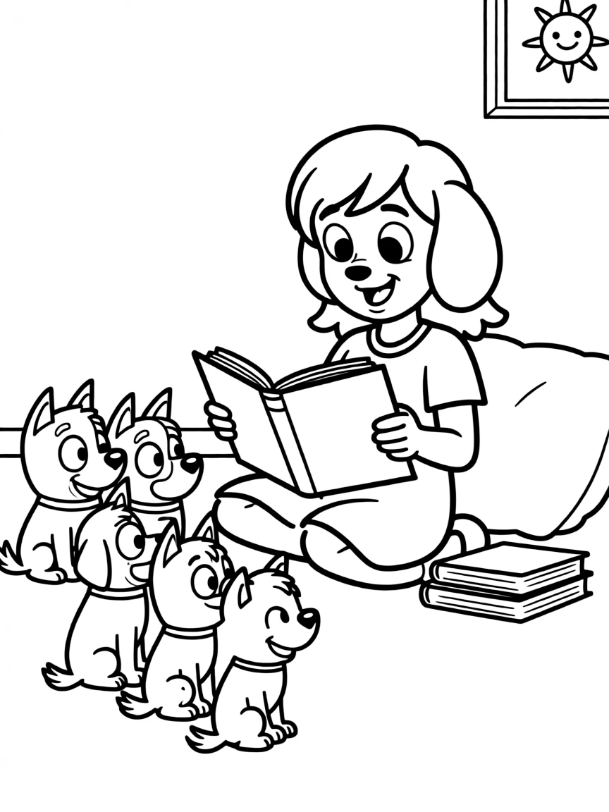 (Bluey TV show) Calypso reading a story.