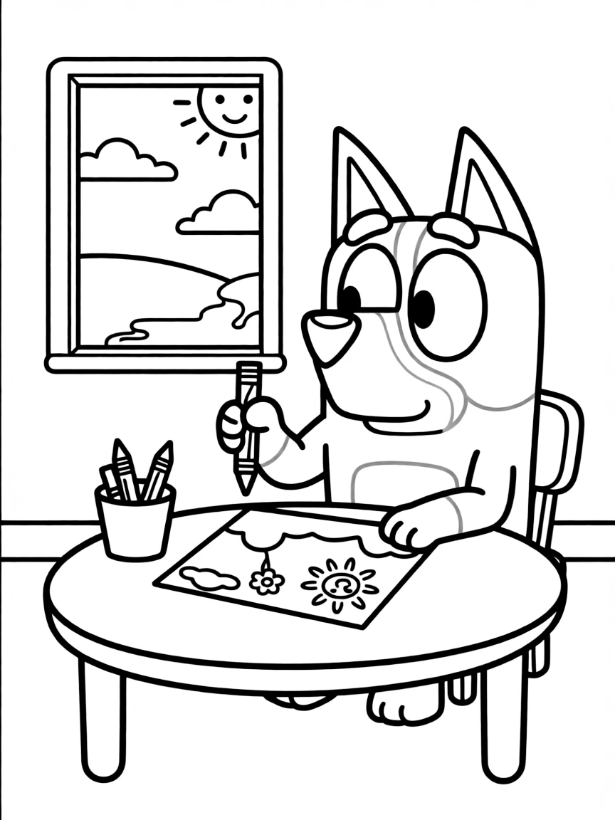 (Bluey TV show) Bingo coloring a picture.