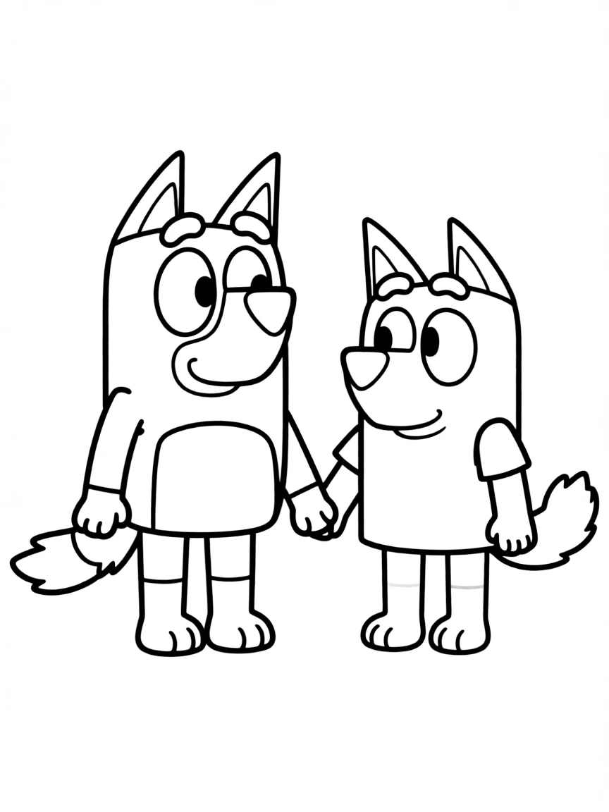 (Bluey TV show) Bluey and Bingo holding hands.