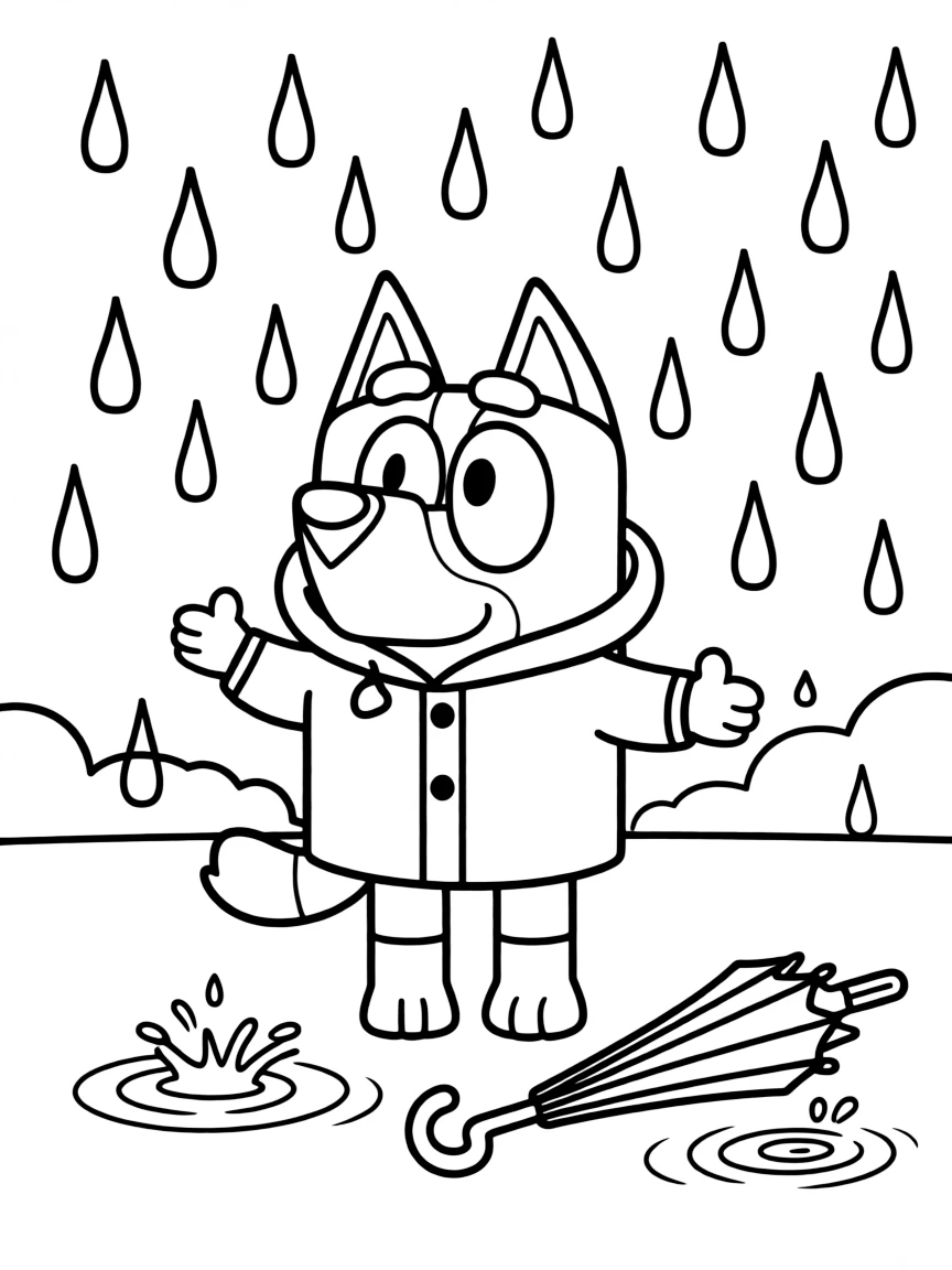 (Bluey TV show) Bluey playing in the rain.