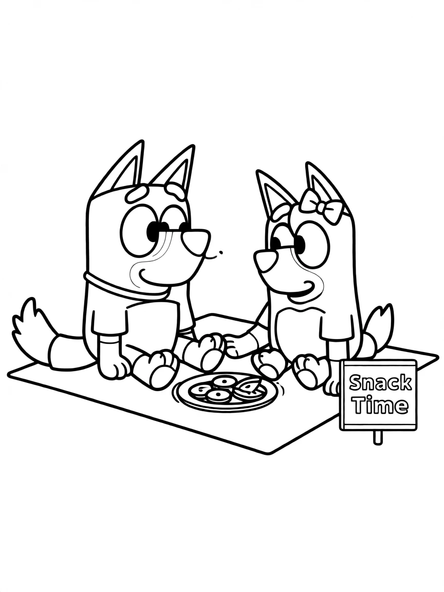 (Bluey TV show) Bluey and Chloe sharing a snack.