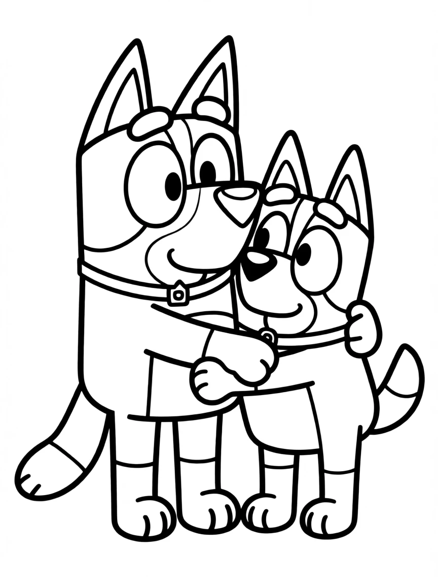 (Bluey TV show) Bluey and Bingo sharing a hug.