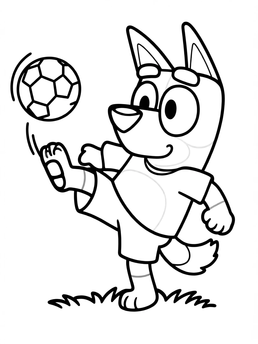(Bluey TV show) Lucky kicking a soccer ball.