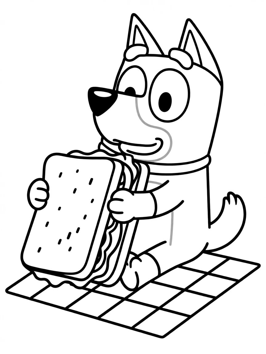 (Bluey TV show) Snickers eating a sandwich.