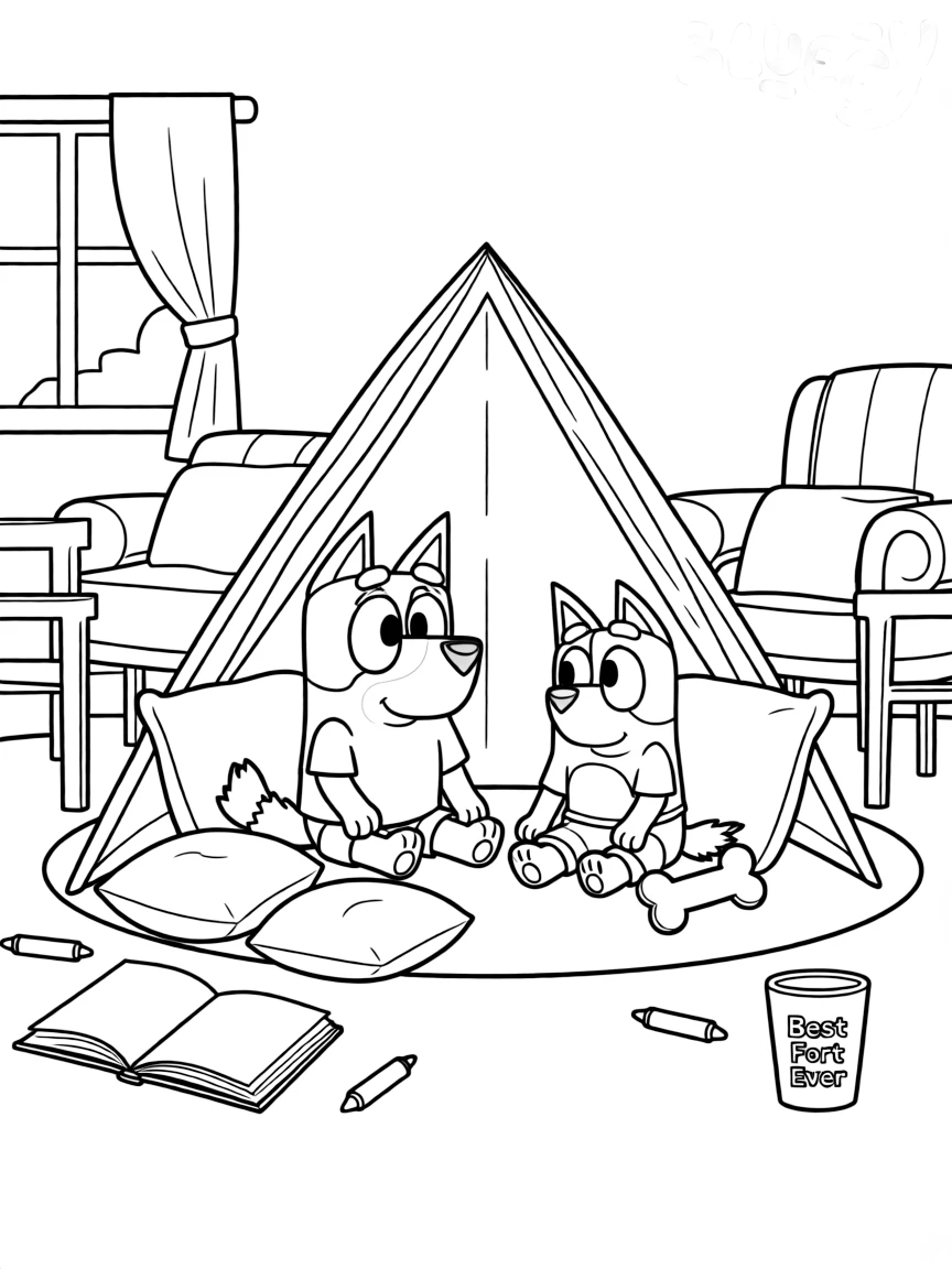 (Bluey TV show) Bluey and Bingo in a fort.