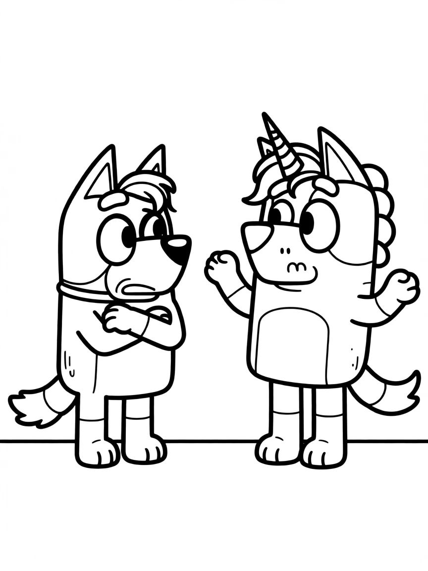 (Bluey TV show) Bluey and Unicorse having an argument.